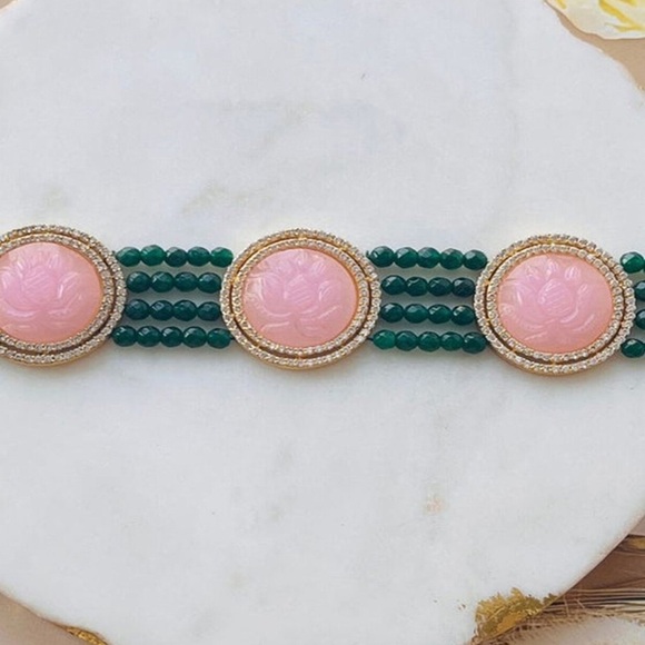 Unique Lotus Rose and Green Quartz Designer Choker from India - Picture 6 of 8